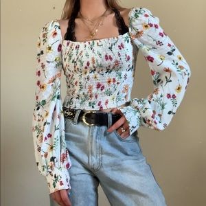 AFRM Floral Print Puffy Sleeve Smocked Top